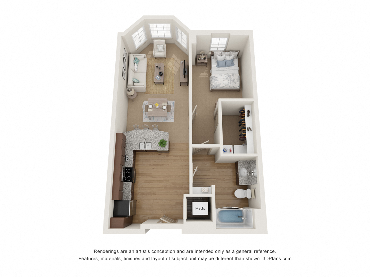 Floor plan for 1 bed, 1 bath, 771 sqft